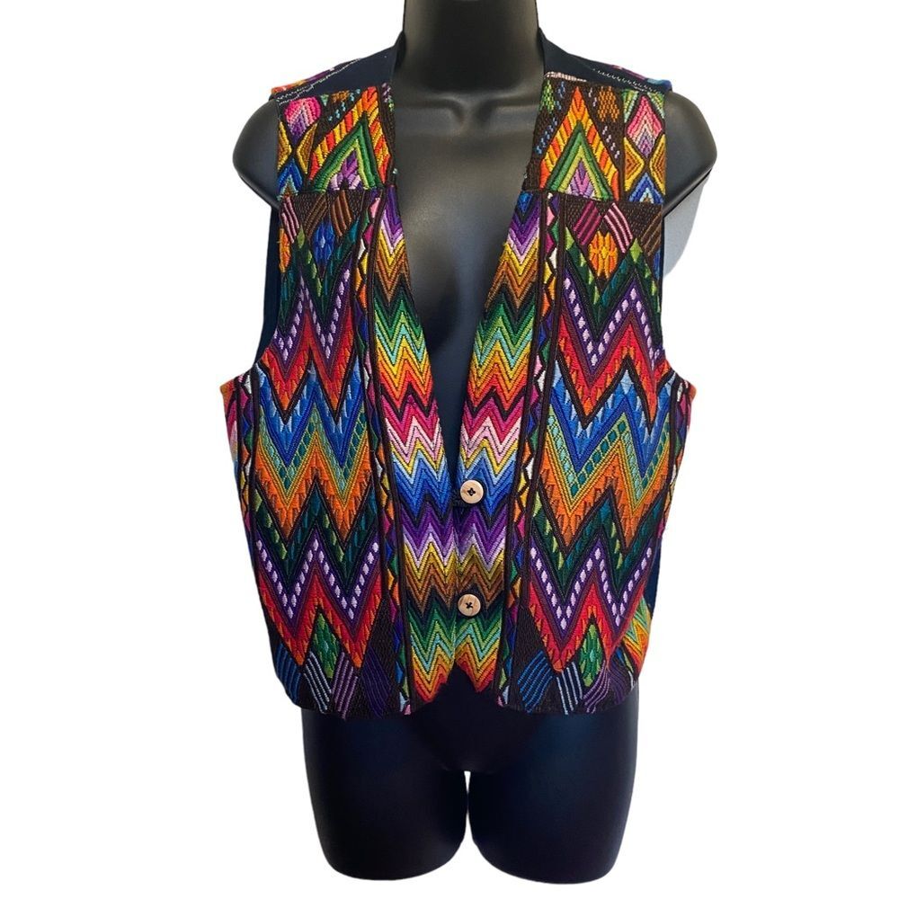 Vintage Colorful Woven Southwestern Two Button Vest Sz M - Picture 1 of 12